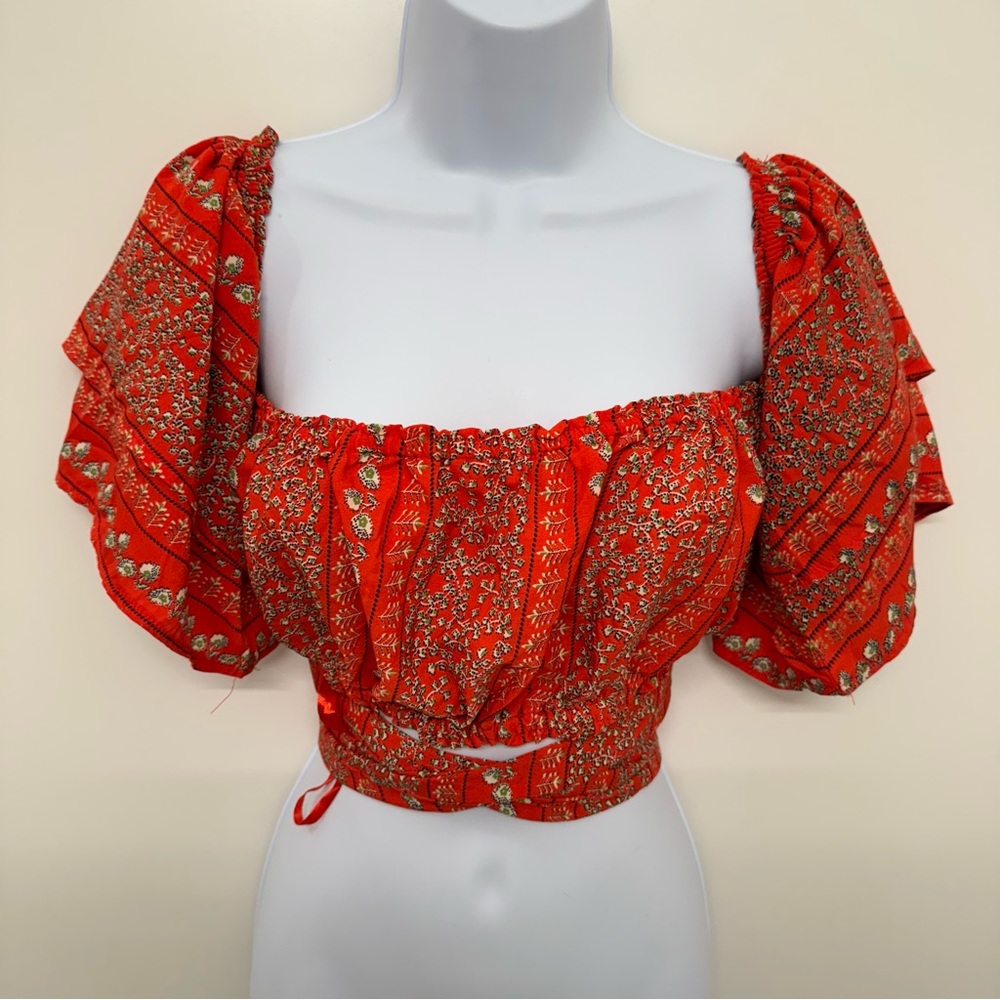 Angel Biba Printed Red Wrap Cropped Top